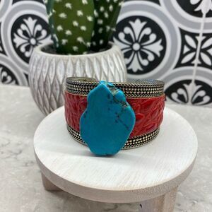 Artist Made Metal Cuff Bracelet with a Turquoise Slab